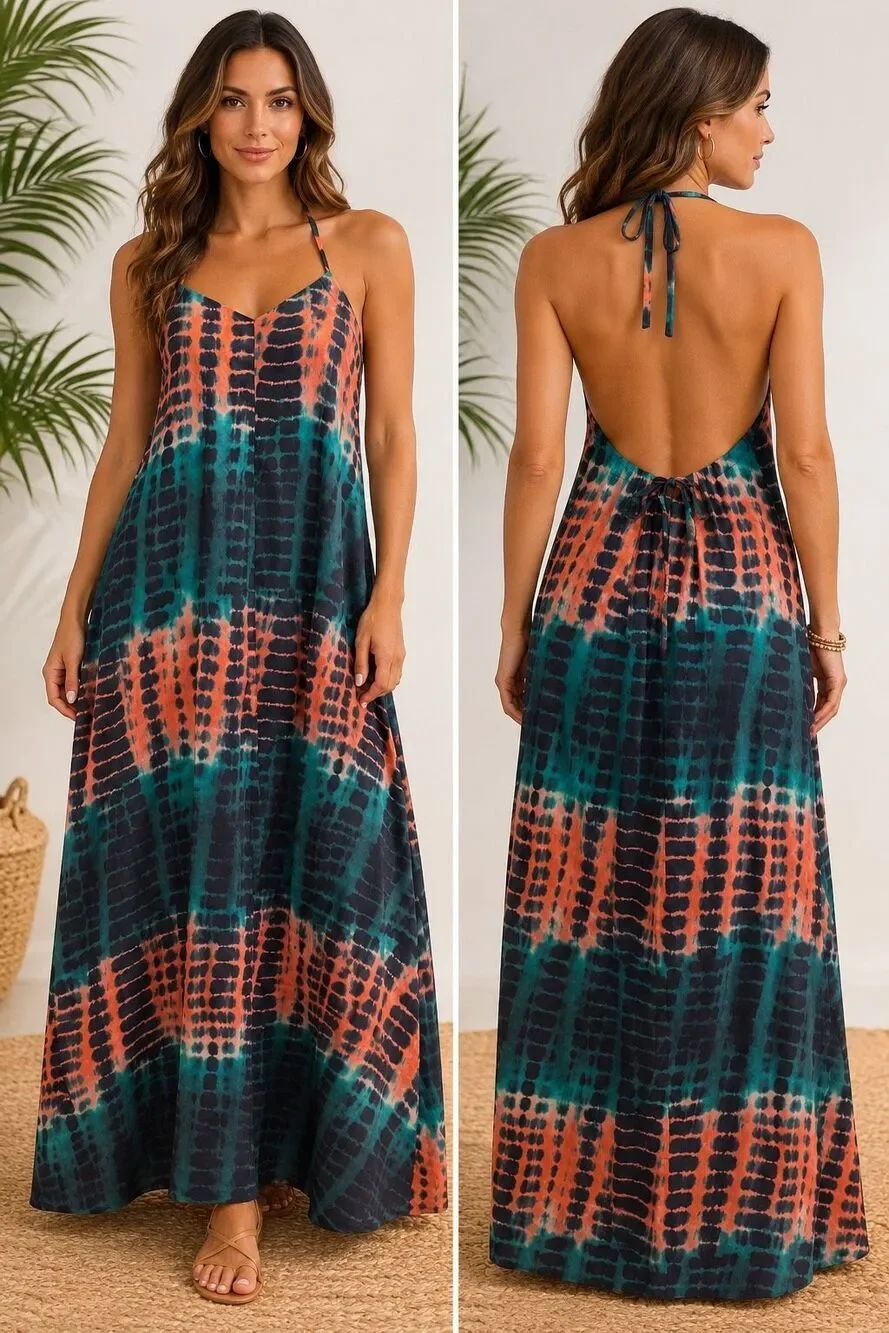 SHEIN Tie Dye Halter Maxi Dress Open Back Flowing Boho Beach Size M EU 38 US 6